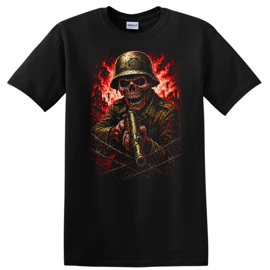 Retro Heavy Metal Skull Soldier Helmet T Shirt Red Explosion Graphic - Black