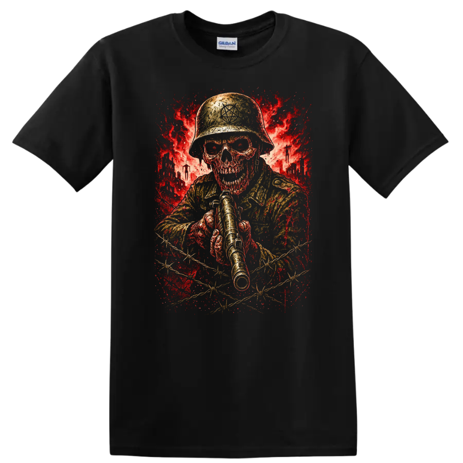 Vintage Classic Rock Album Cover Art T Shirt featuring a skull soldier on a Black T Shirt