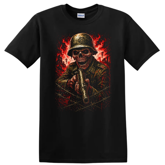 Vintage Classic Rock Album Cover Art T Shirt featuring a skull soldier on a Black T Shirt