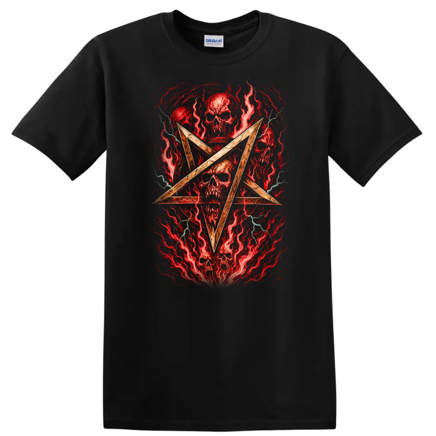 Retro Heavy Metal Skull Pentagram Album Cover Style T Shirt - Black