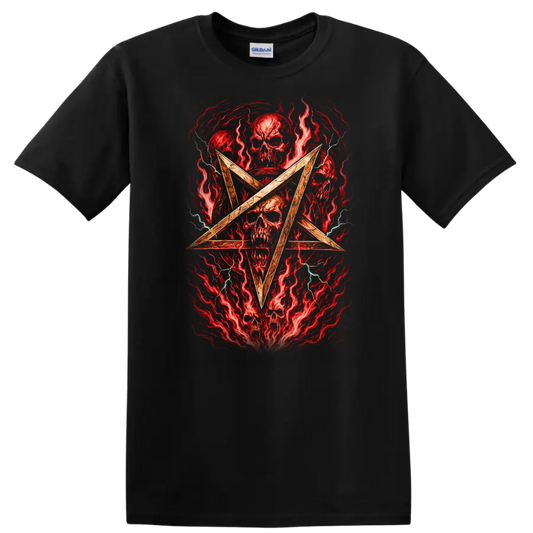 Retro Heavy Metal Skull Pentagram Album Cover Style T Shirt - Black