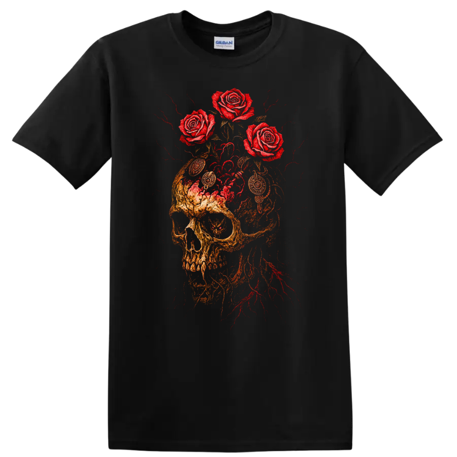 Retro Rock Skull and Roses Heavy Metal Graphic T Shirt - Black