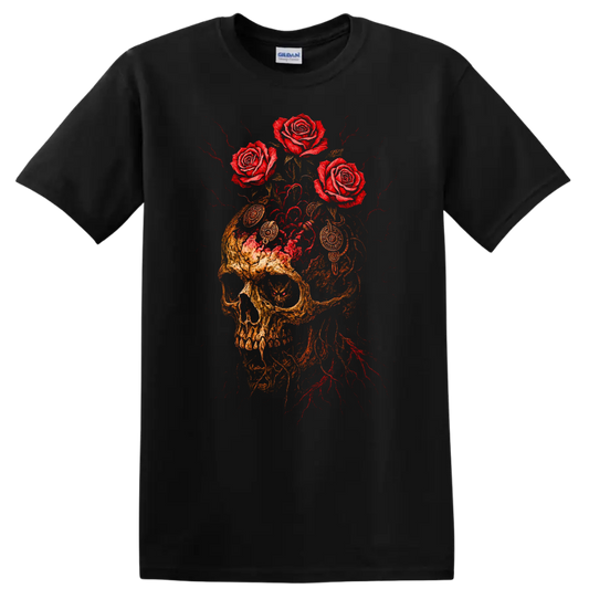 Retro Rock Skull and Roses Heavy Metal Graphic T Shirt - Black