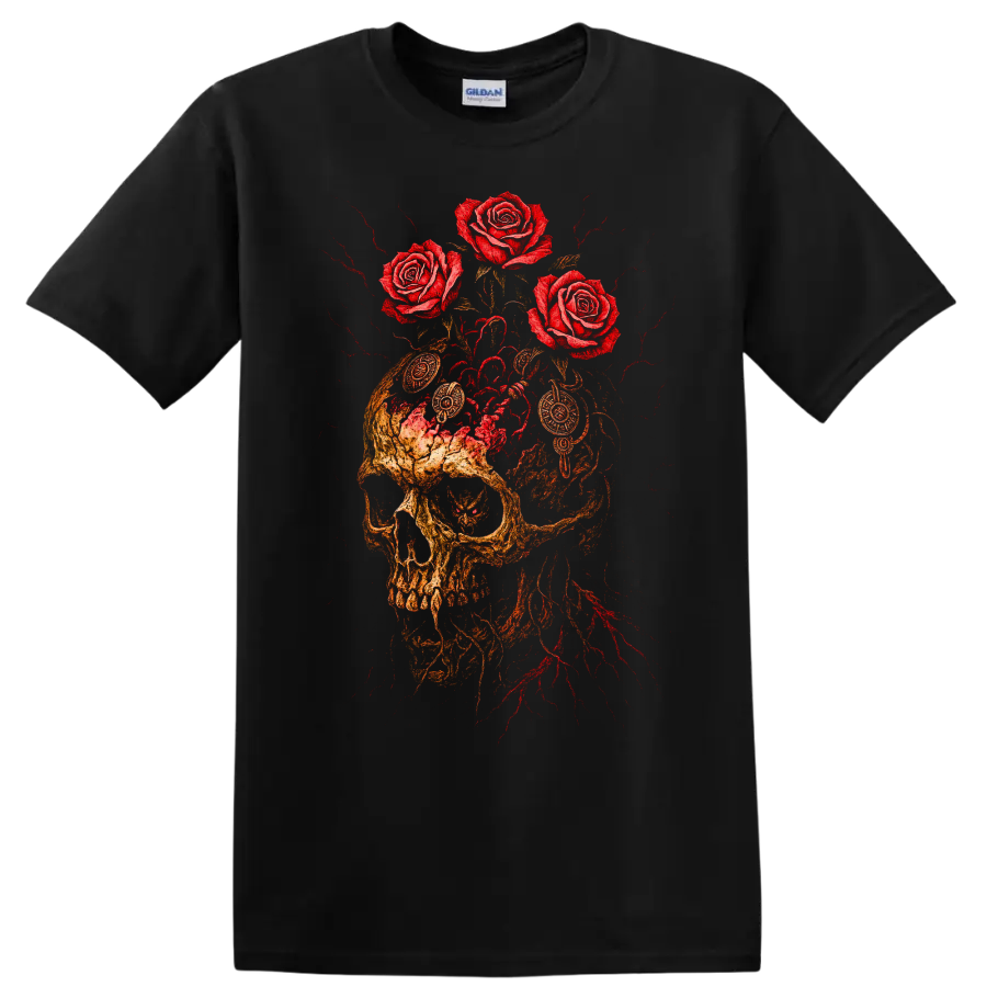 Vintage classic rock skull with roses graphic print T Shirt on a Black T Shirt