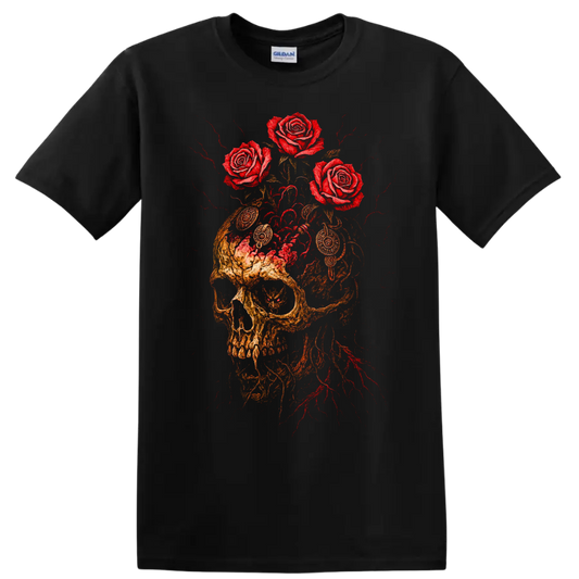 Vintage classic rock skull with roses graphic print T Shirt on a Black T Shirt