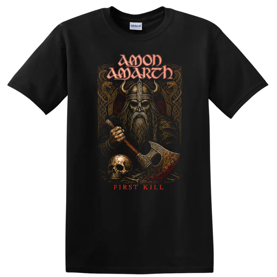 Amon Amarth First Kill T Shirt with Viking warrior design on a Black T Shirt