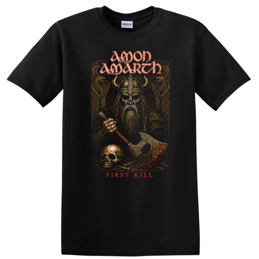 Amon Amarth First Kill T Shirt with Viking warrior design on a Black T Shirt