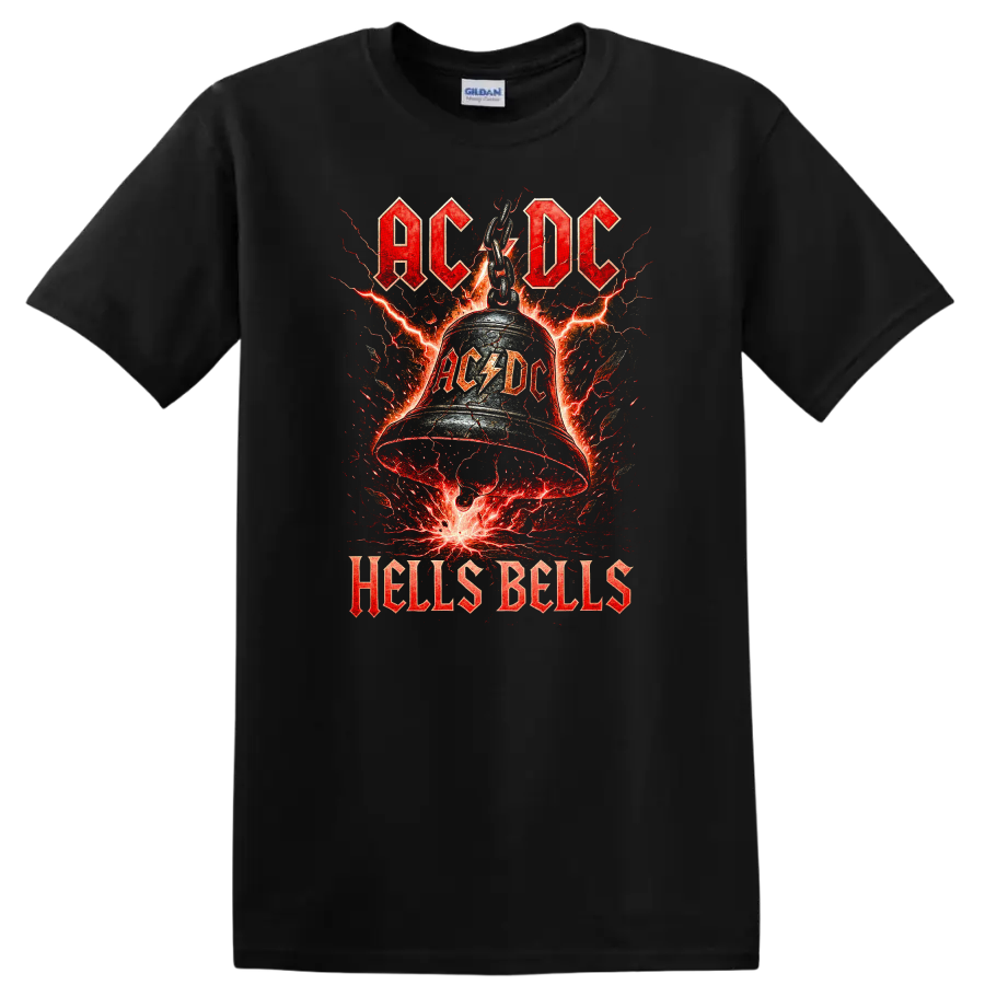 AC/DC Hells Bells Retro Heavy Metal Lightning T Shirt on a Black T Shirt