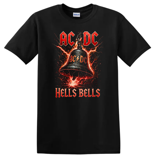 AC/DC Hells Bells Retro Heavy Metal Lightning T Shirt on a Black T Shirt