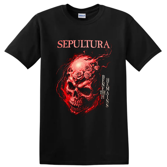 Sepultura Skull Roses Retro Heavy Metal Band Album Cover T Shirt - Black