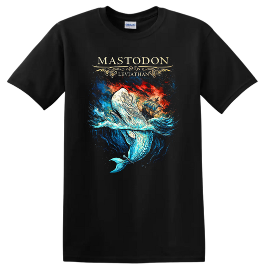 Mastodon Leviathan Retro Heavy Metal Album Art T Shirt on a Black T Shirt