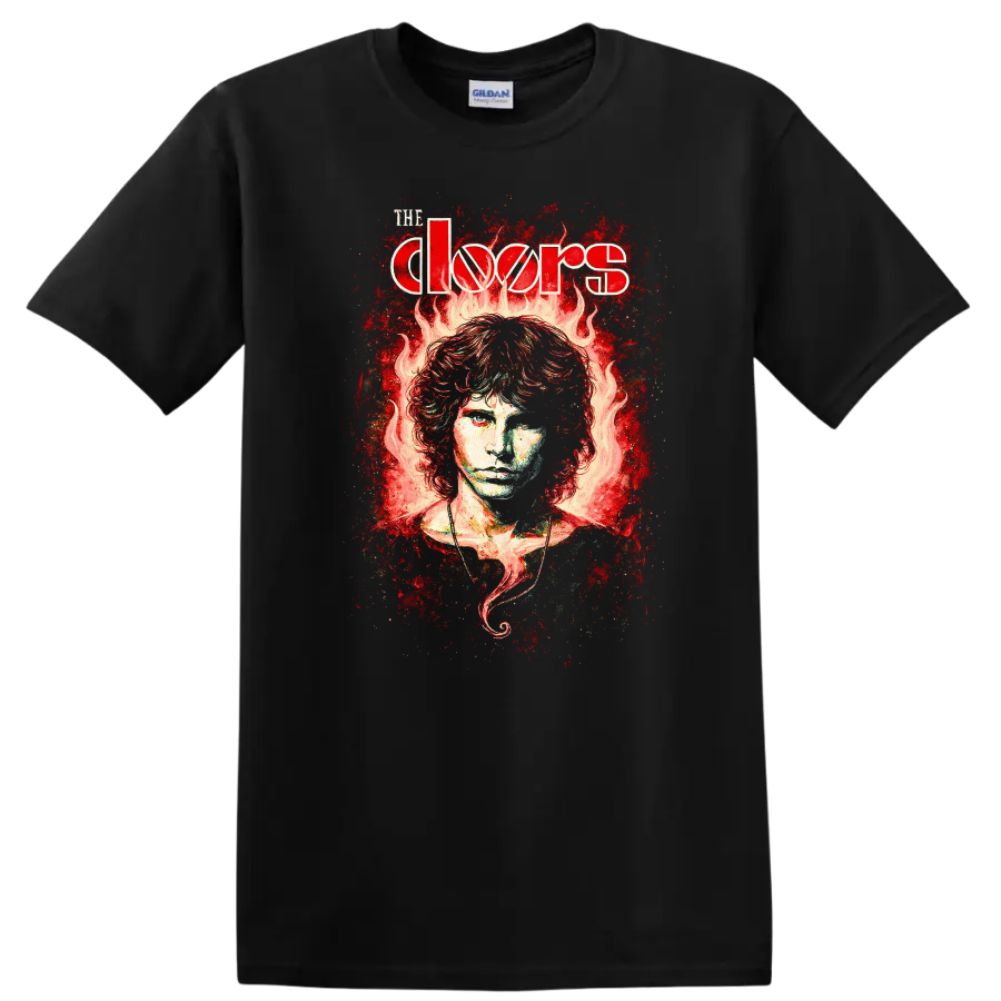 The Doors Retro Rock Flame Portrait Album Cover T Shirt - Black