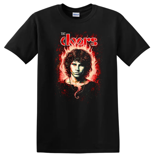 The Doors Retro Rock Flame Portrait Album Cover T Shirt - Black
