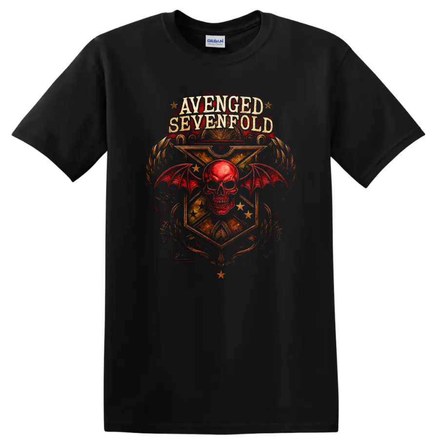 Avenged Sevenfold Retro Heavy Metal Skull Wings T Shirt on a Black T Shirt