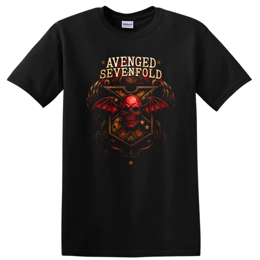 Avenged Sevenfold Retro Heavy Metal Skull Wings T Shirt on a Black T Shirt