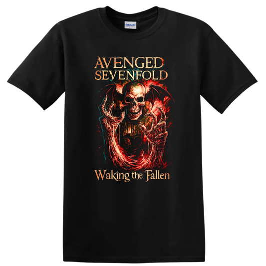 Avenged Sevenfold Retro Heavy Metal Skull Album Art T Shirt on a Black T Shirt