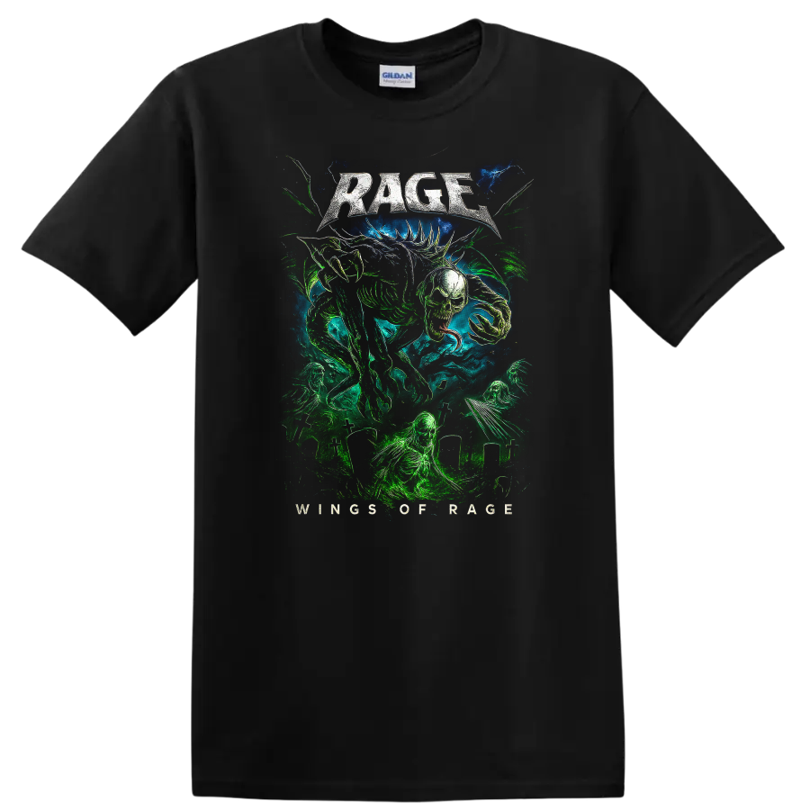 Rage Heavy Metal Album Cover Style Graphic T Shirt for Rock Fans - Black