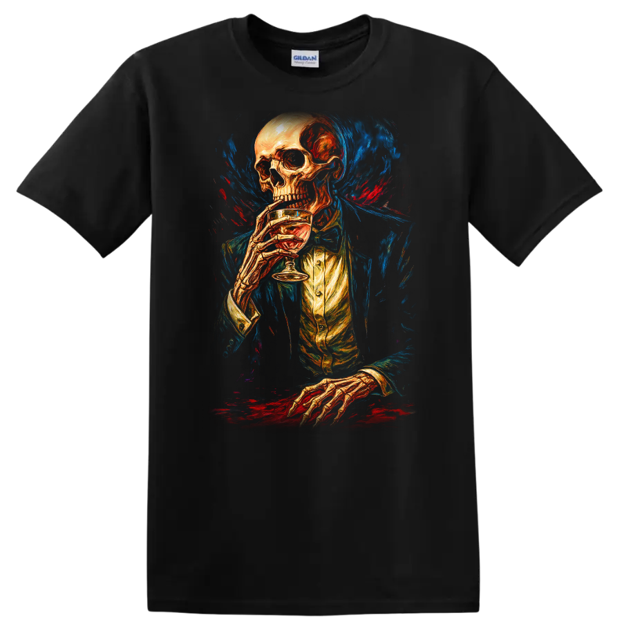 Vintage gothic skeleton in formal attire holding a drink amid blue and red painterly on a Black T Shirt