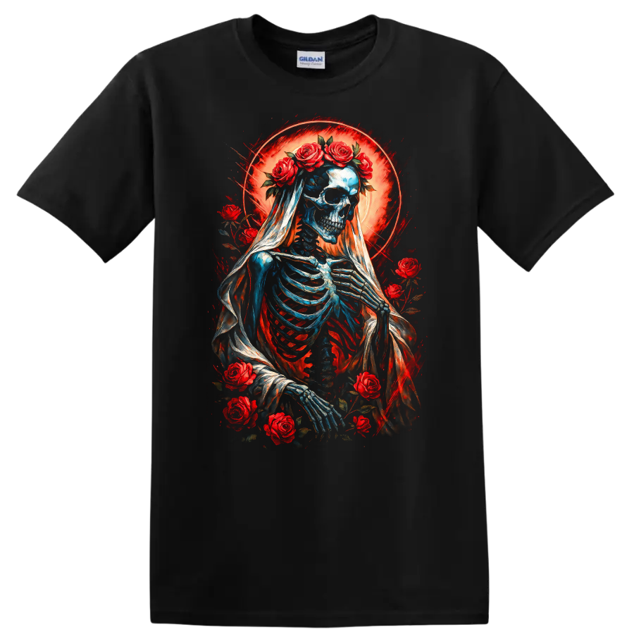 Vintage gothic skeleton bride in a veil with red roses and glowing red halo on a Black T Shirt
