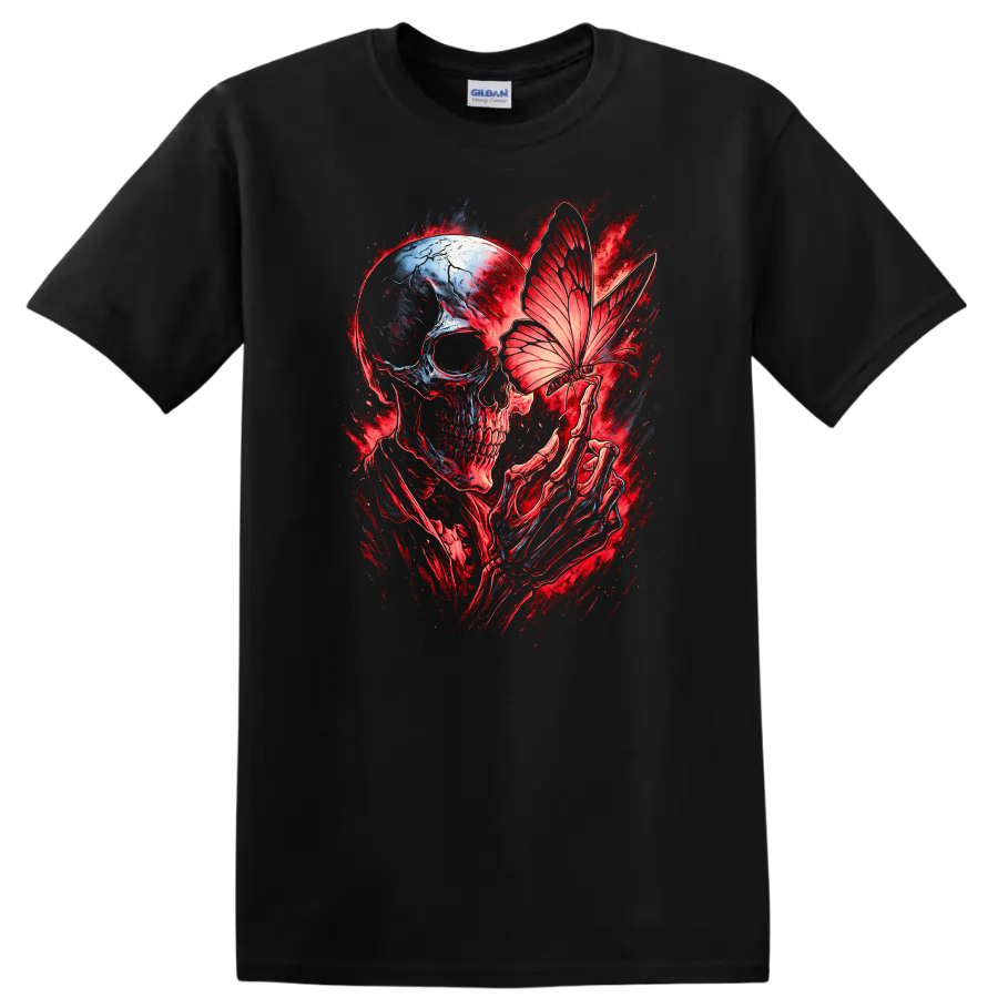 Gothic skull with skeletal hands holding a butterfly in red and blue dark art on a Black T Shirt
