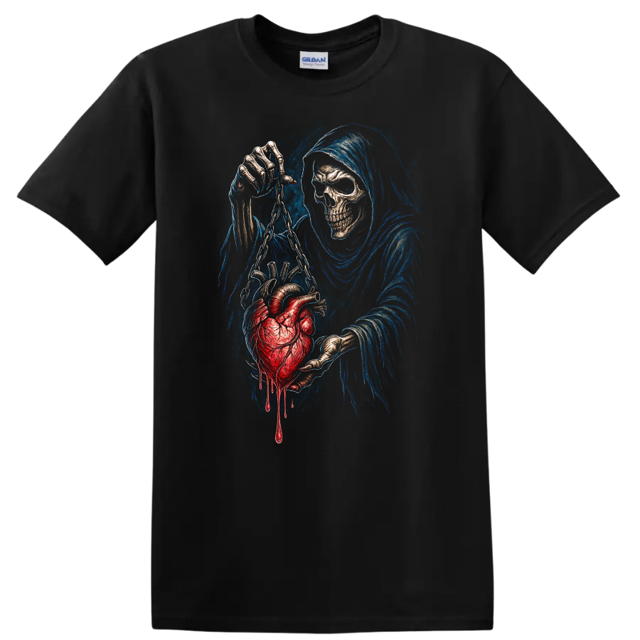 Grim Reaper skull holding a chained bleeding heart in detailed gothic horror art on a Black T Shirt