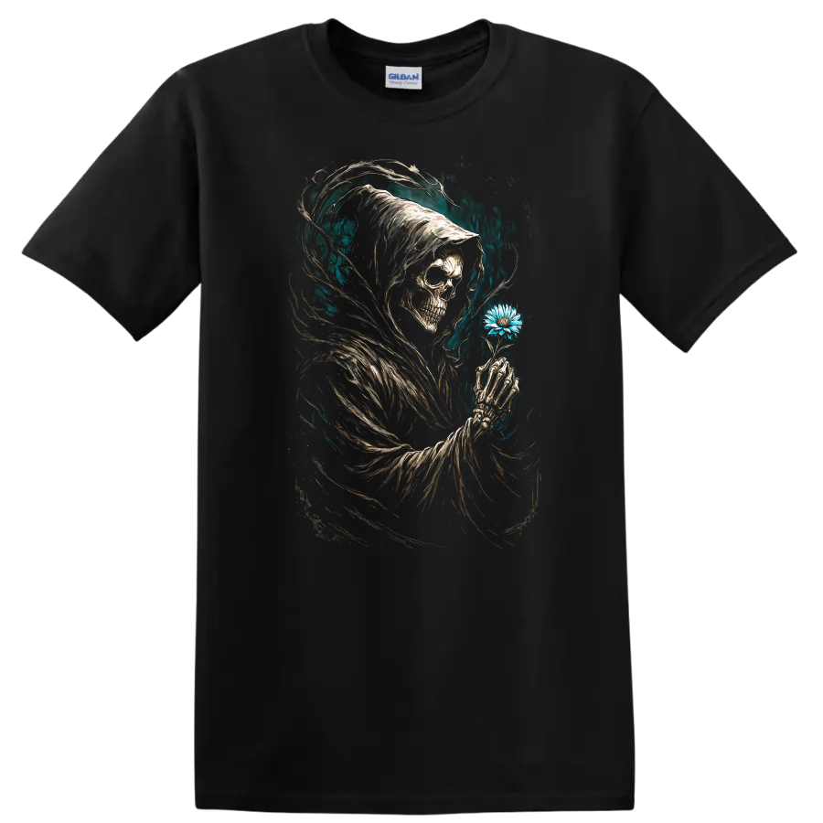 Hooded Grim Reaper skull holding blue flower in vintage gothic dark art on a Black T Shirt