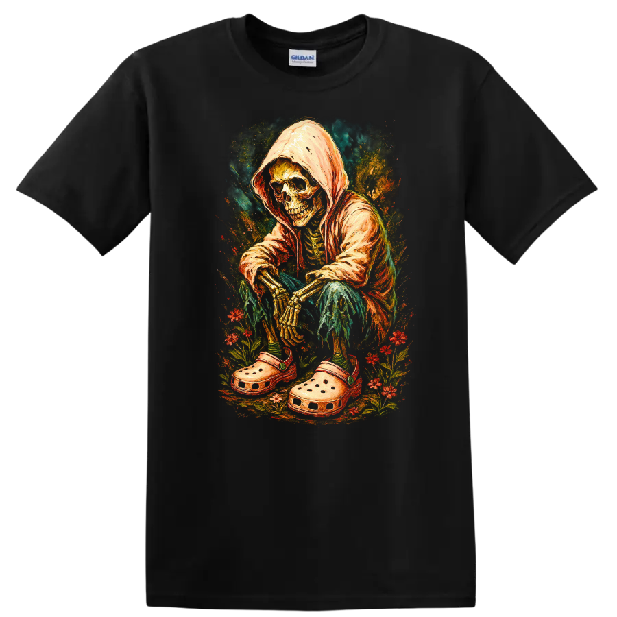 Vintage hooded skeleton in oversized clogs surrounded by colorful flowers on a Black T Shirt