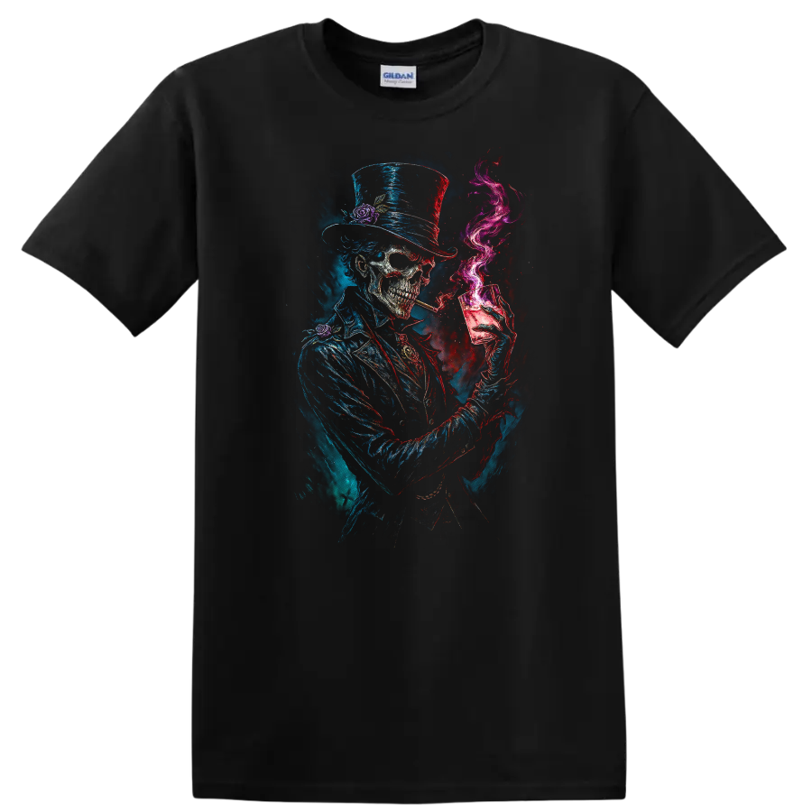 Gothic top-hat skeleton with cocktail glass, magenta smoke, and distressed skull art on a Black T Shirt