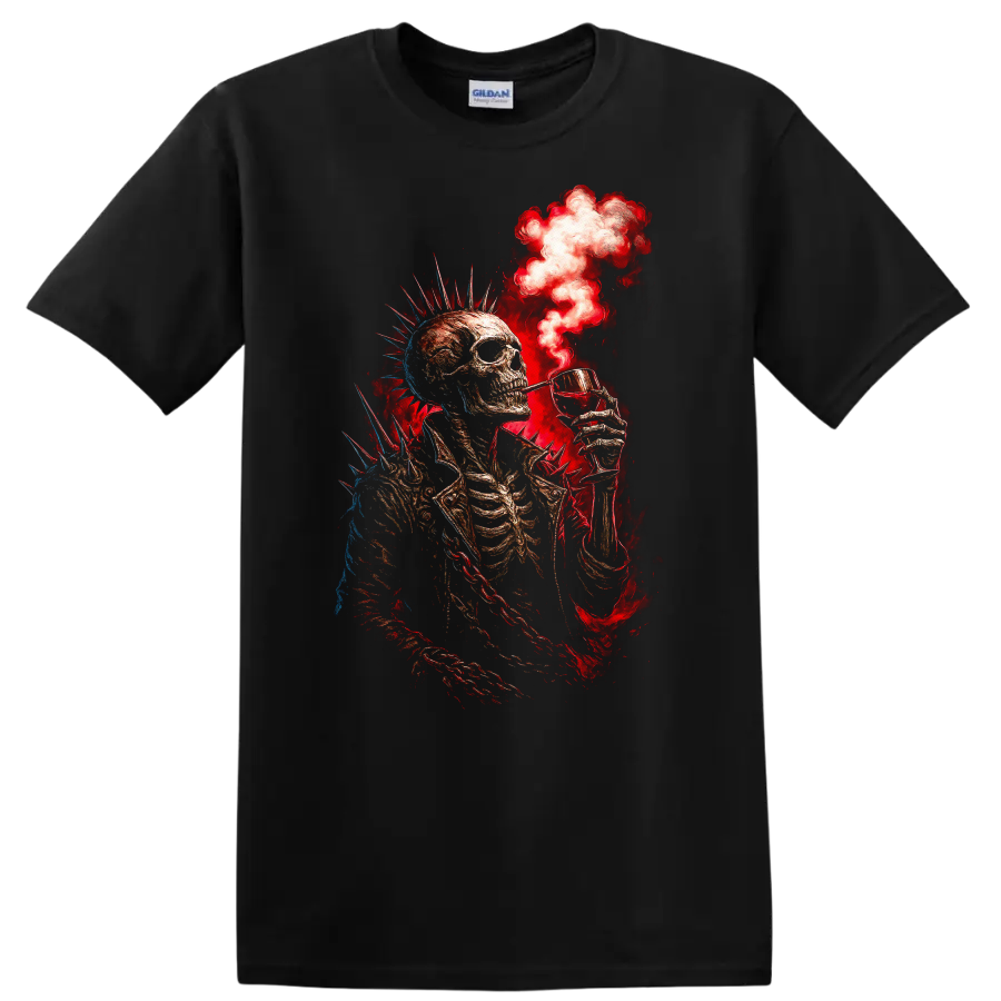 Spiked punk skeleton raising a cocktail amid red smoke in distressed gothic art on a Black T Shirt