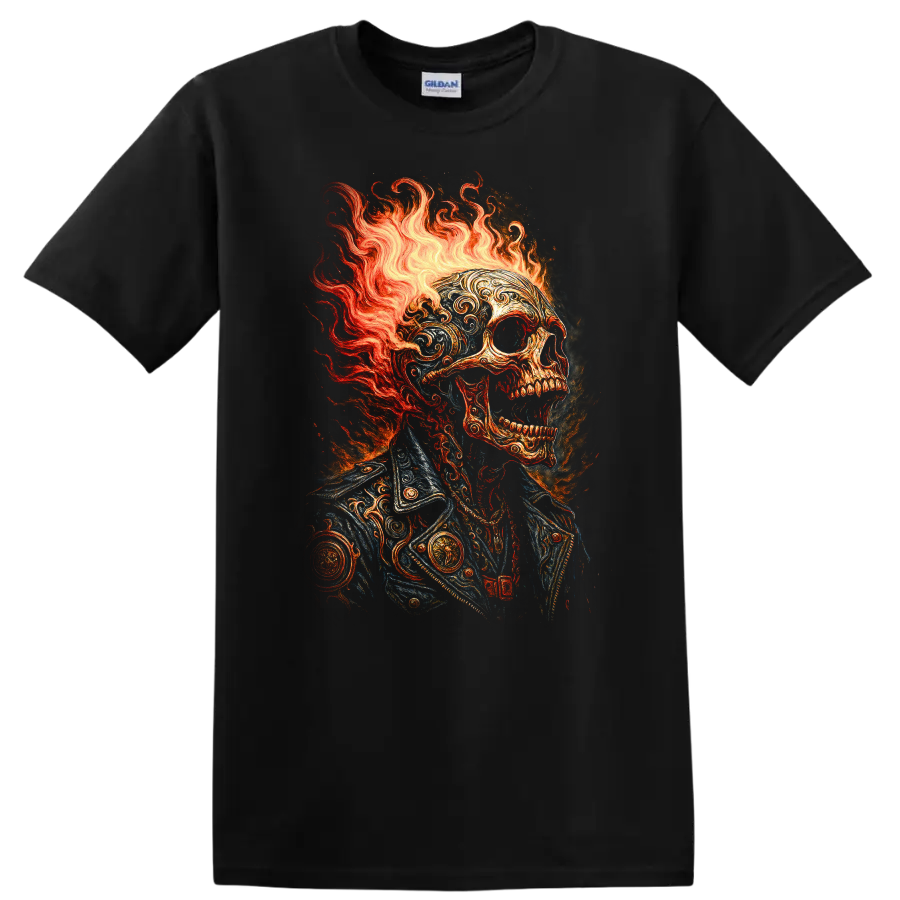 Flaming skull in ornate vintage jacket with gothic fire illustration on a Black T Shirt