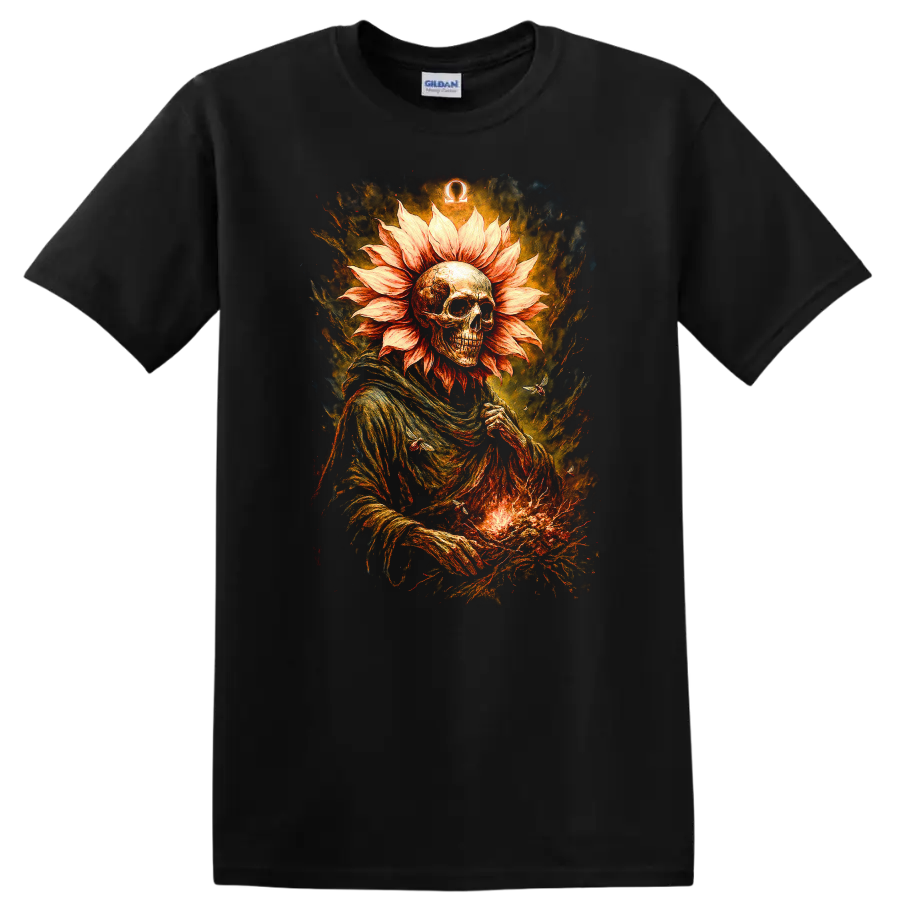 Gothic skeleton with flower-petal halo, fiery textures, and Omega symbol on a Black T Shirt