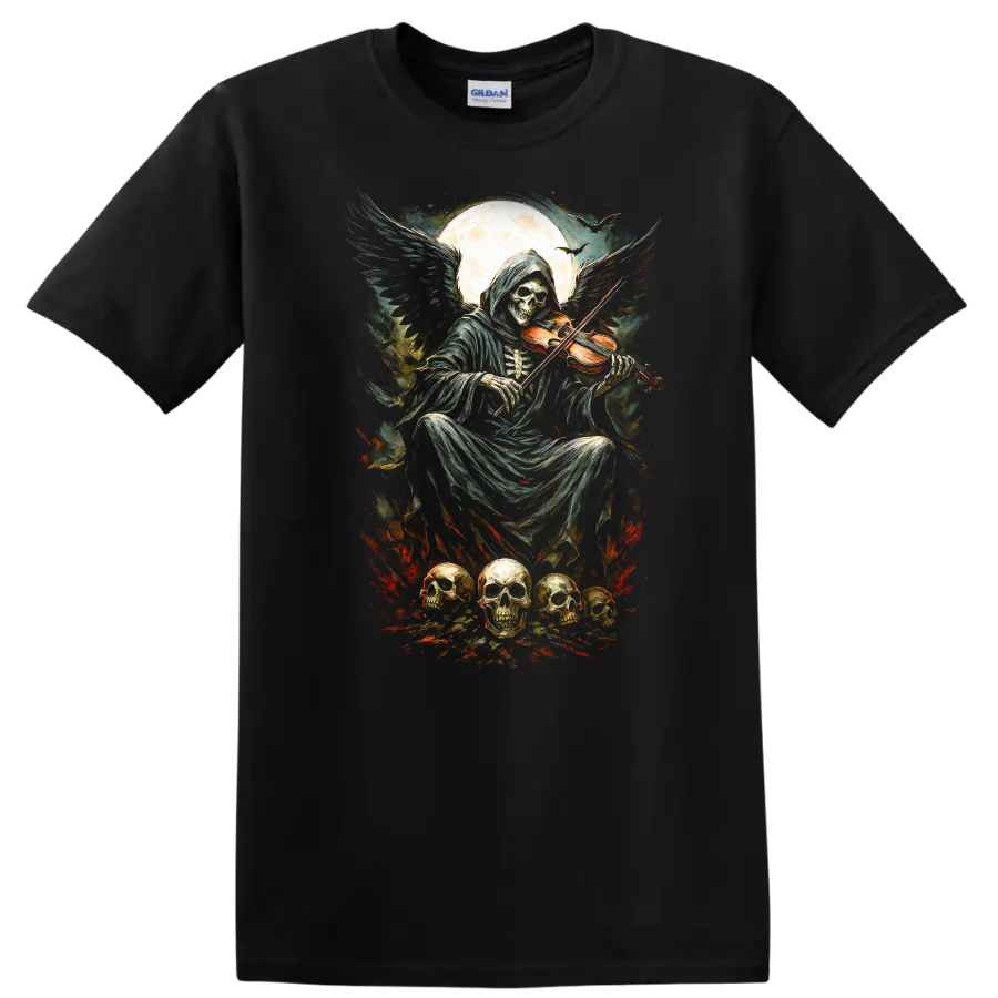 Vintage gothic Grim Reaper playing violin beneath moon with skulls and fiery accents on a Black T Shirt