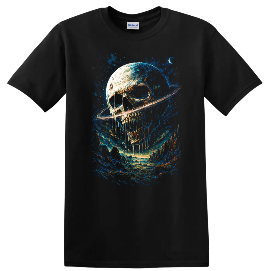 Gothic skull with Saturn-like ring in a vivid blue cosmic landscape on a Black T Shirt