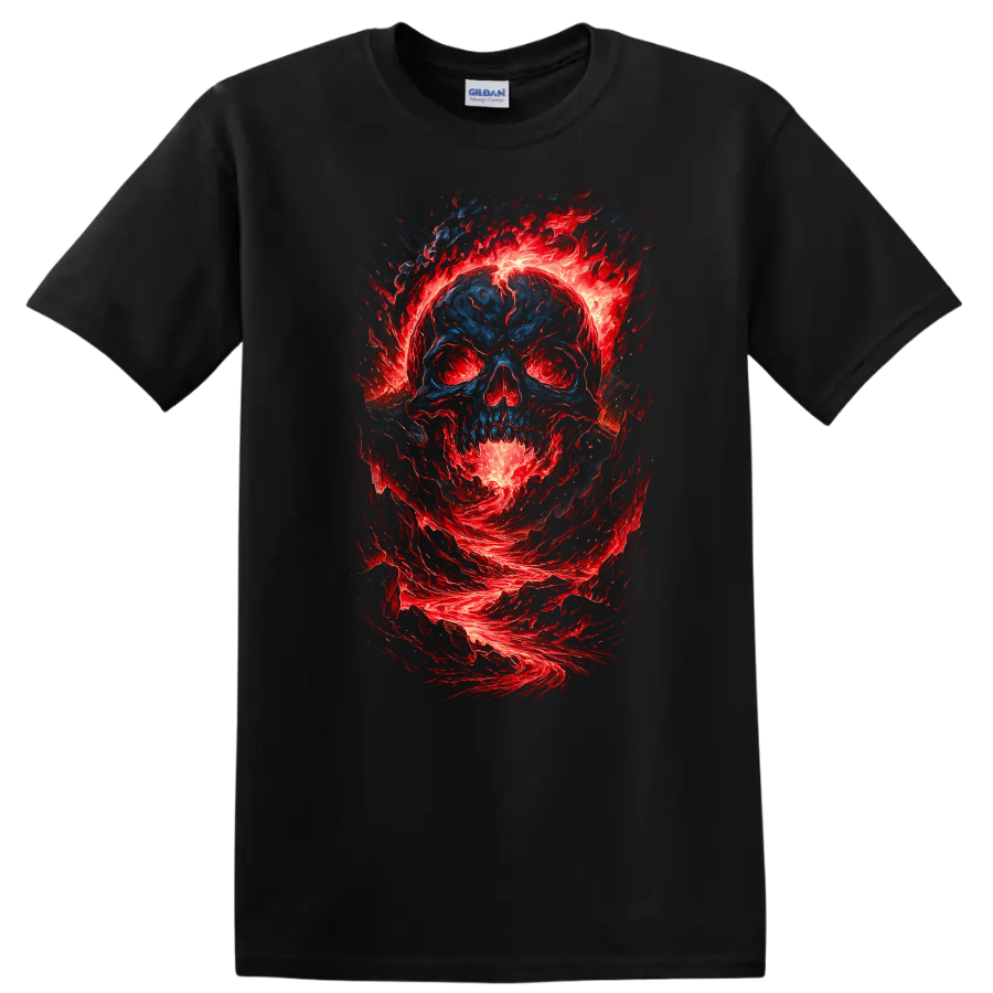 Distressed blue skull surrounded by swirling red flames in gothic horror art on a Black T Shirt