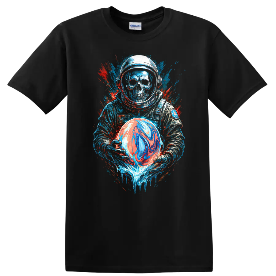 Gothic skull astronaut holding a swirling orb in neon space splatter art on a Black T Shirt
