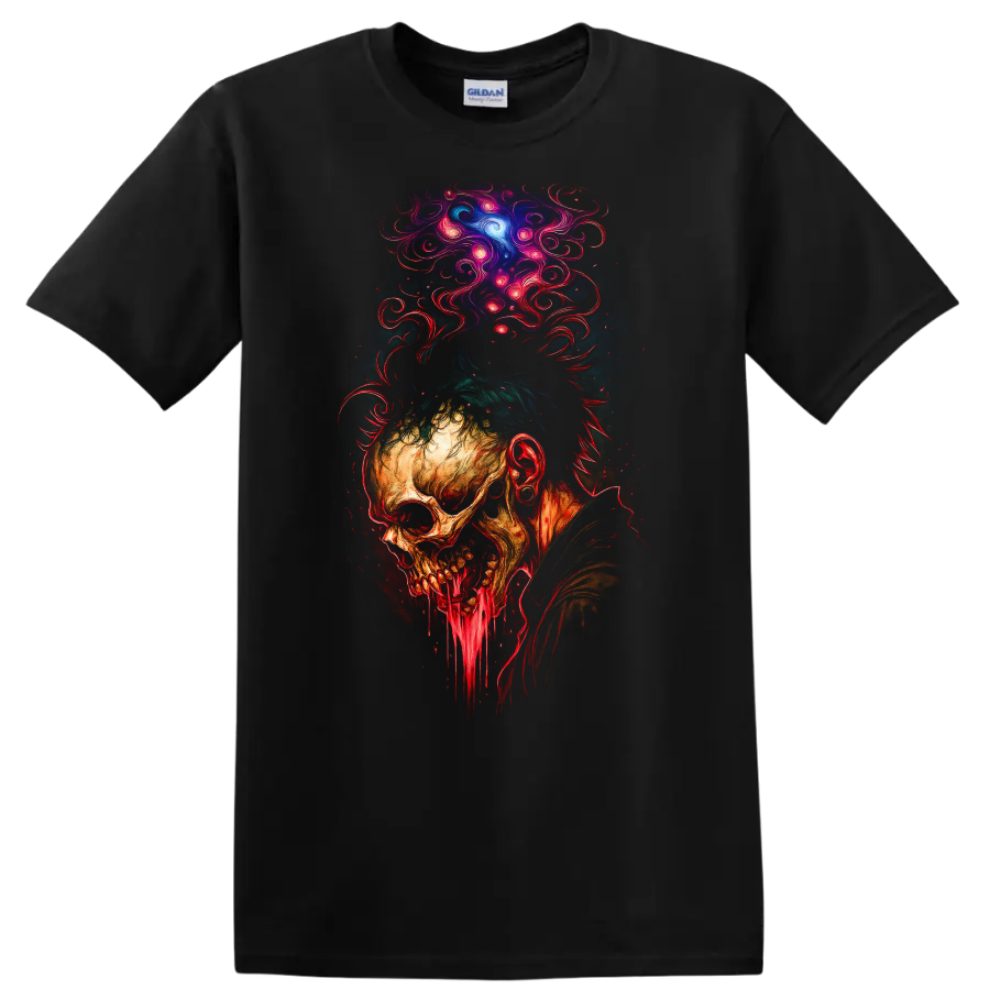 Decaying skull with dripping jaw and psychedelic cosmic smoke in gothic horror art on a Black T Shirt