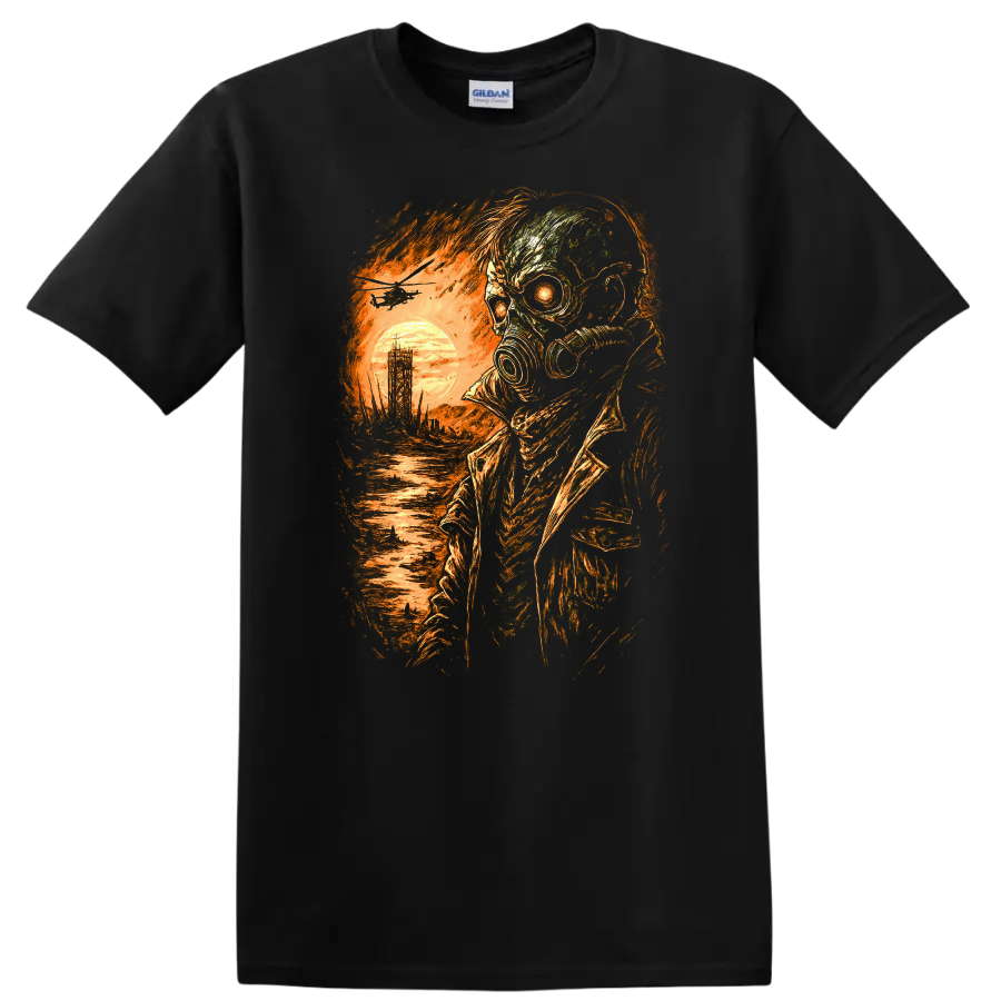 Distressed gothic gas mask skull survivor with fiery sunset and ruined landscape on a Black T Shirt