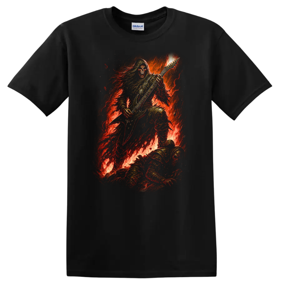 Hooded skeleton guitarist in flames, distressed vintage gothic rock artwork on a Black T Shirt