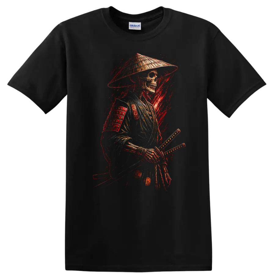Vintage gothic samurai skeleton warrior in armor with conical hat and swords on a Black T Shirt