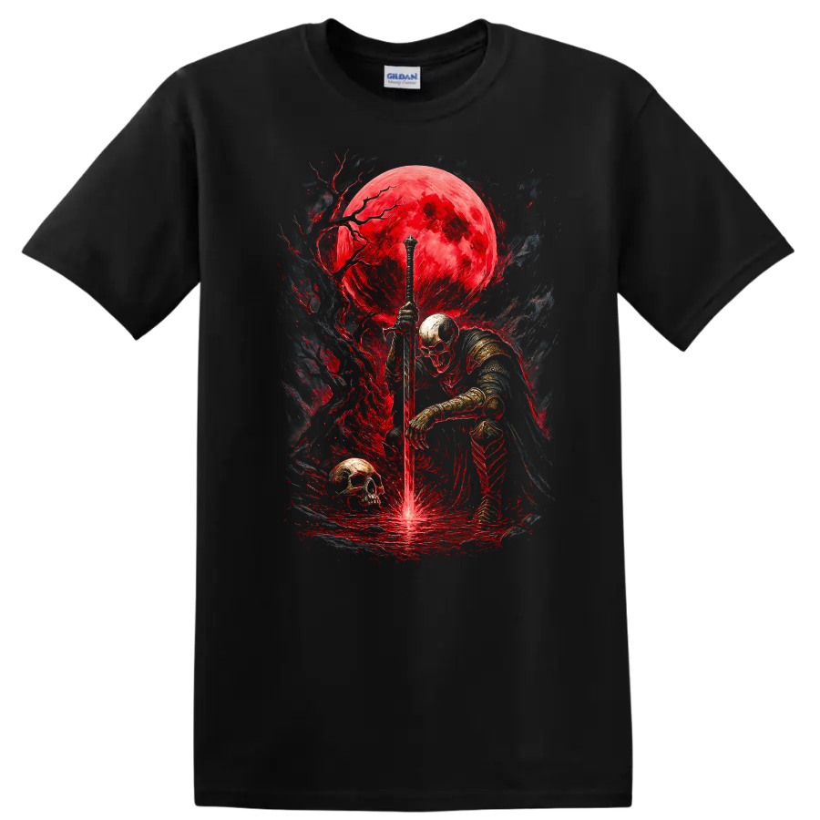 Armored skeletal knight with sword, skulls, and crimson moon in gothic fantasy art on a Black T Shirt