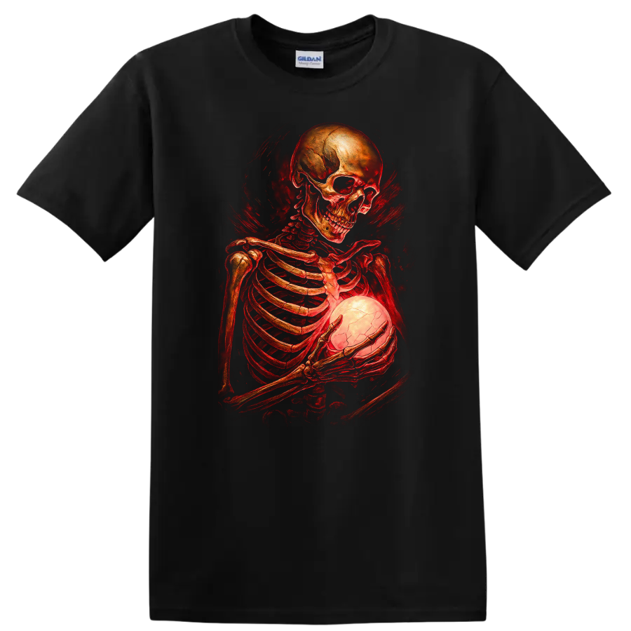Gothic skeleton holding a glowing cracked orb in red vintage horror art on a Black T Shirt
