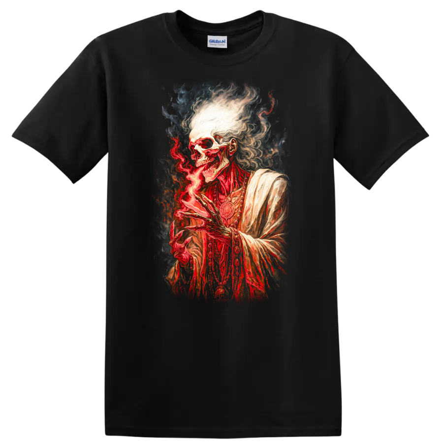 Gothic robed skeleton conjuring red flame in a detailed dark fantasy illustration on a Black T Shirt