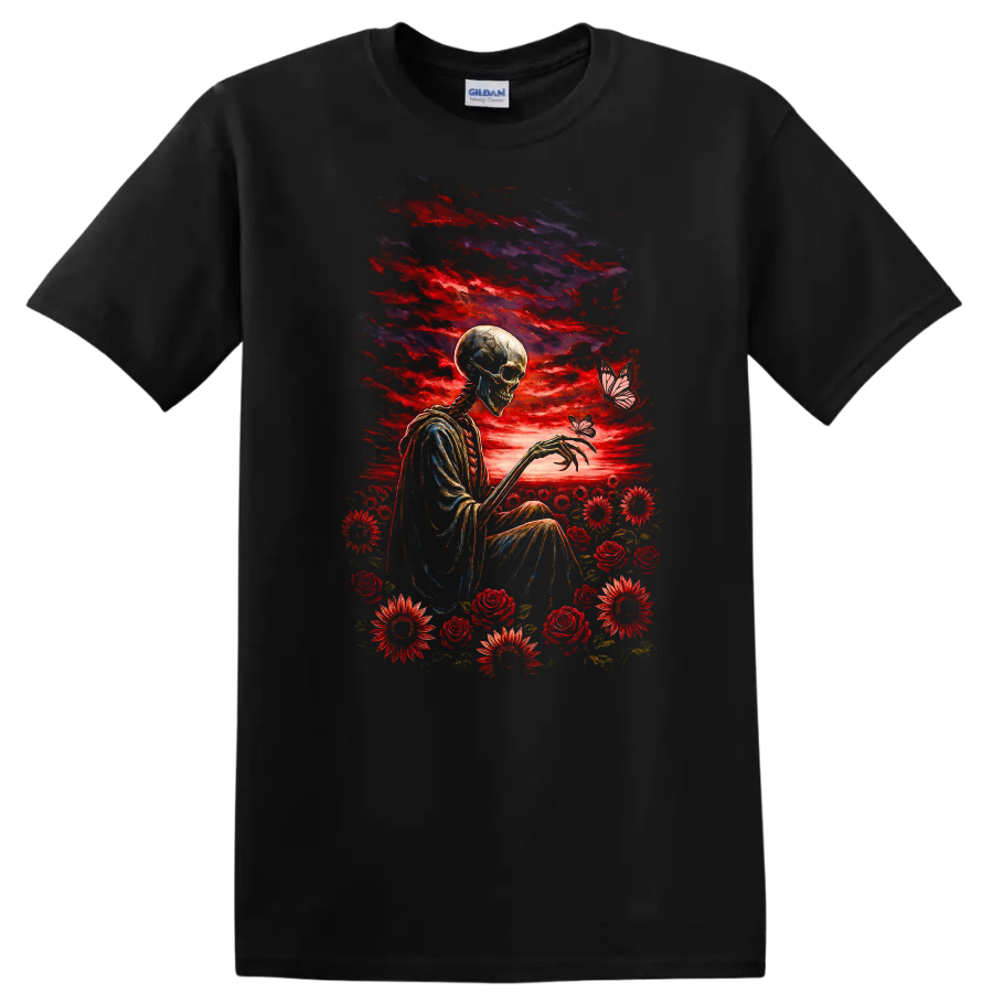 Vintage-style skeleton with red roses, flowers, butterflies, and a dramatic sky on a Black T Shirt