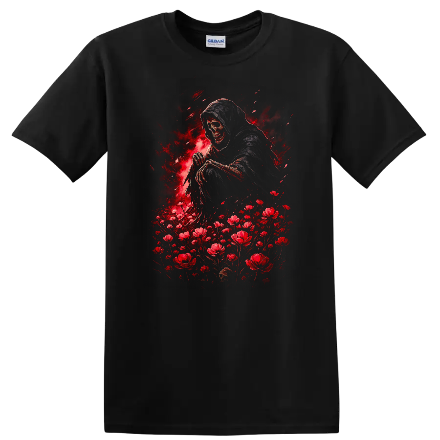Hooded grim reaper skull with red flowers in distressed gothic illustration on a Black T Shirt