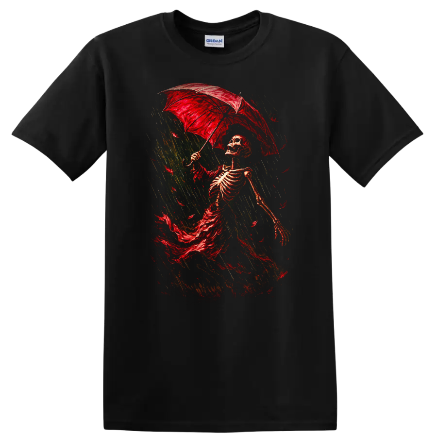 Vintage Gothic skeleton walking in rain beneath a red umbrella on a Black T Shirt
