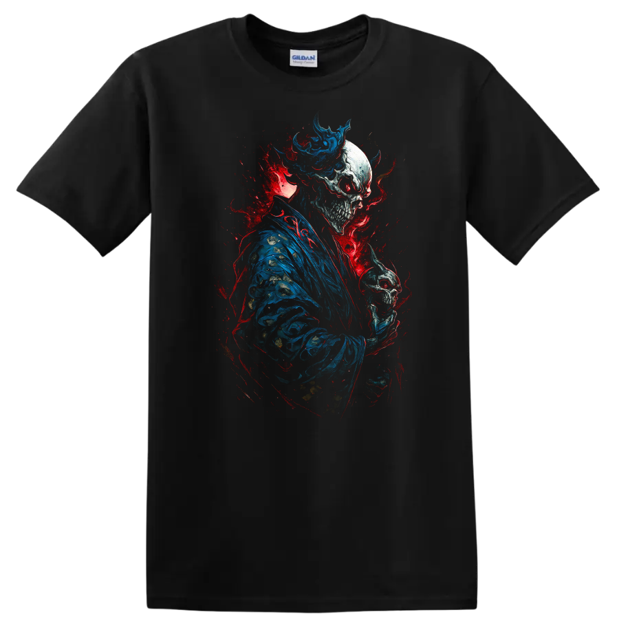 Crowned skeleton in blue robes holding a skull amid red and blue gothic splatter on a Black T Shirt