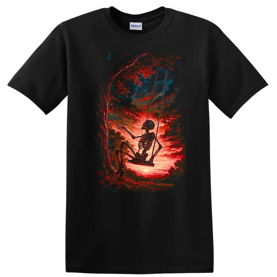 Vintage skeleton swinging beneath red trees in surreal gothic forest art on a Black T Shirt