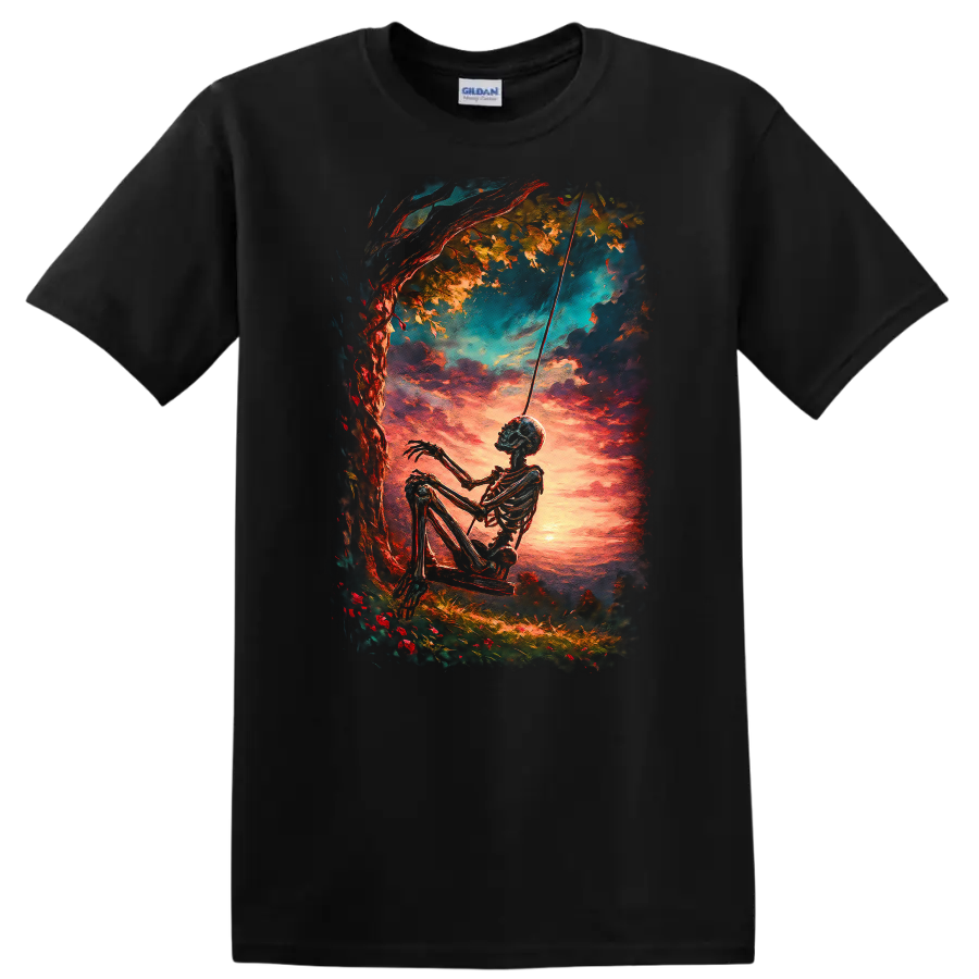 Vintage gothic skeleton on a swing beneath a tree at a vivid sunset on a Black T Shirt