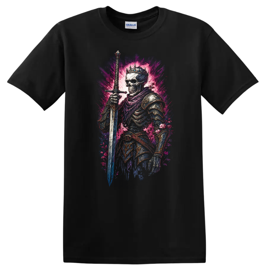 Crowned skeleton warrior with sword, ornate armor, and vivid floral gothic artwork on a Black T Shirt