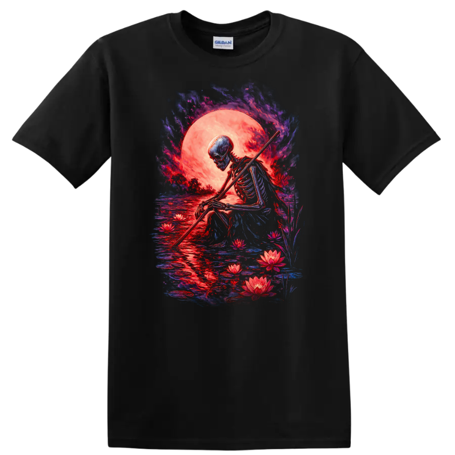 Moonlit skeleton with staff, lotus flowers, reflective water, and gothic full moon art on a Black T Shirt